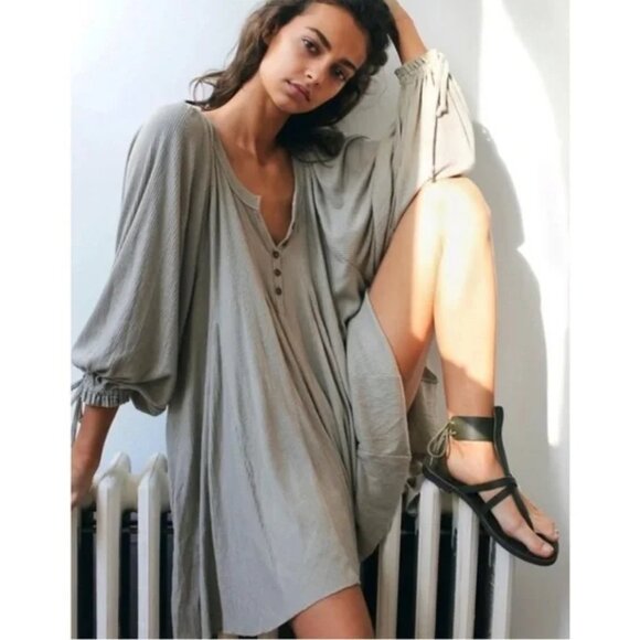 We The Free by Free People Winter Sun Ribbed Henley Tunic Dress Green XL - Picture 1 of 10